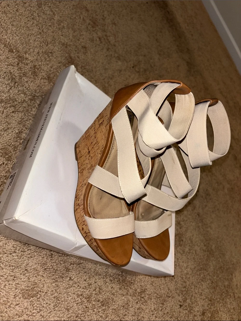 Steve Madden Beige Elastic Strappy Cork Wedges